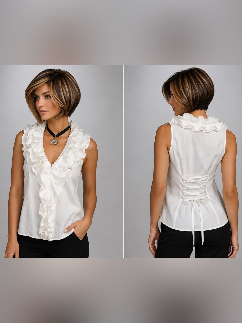 Boston Proper White Ruffle V-Neck Sleeveless Blouse Size 10